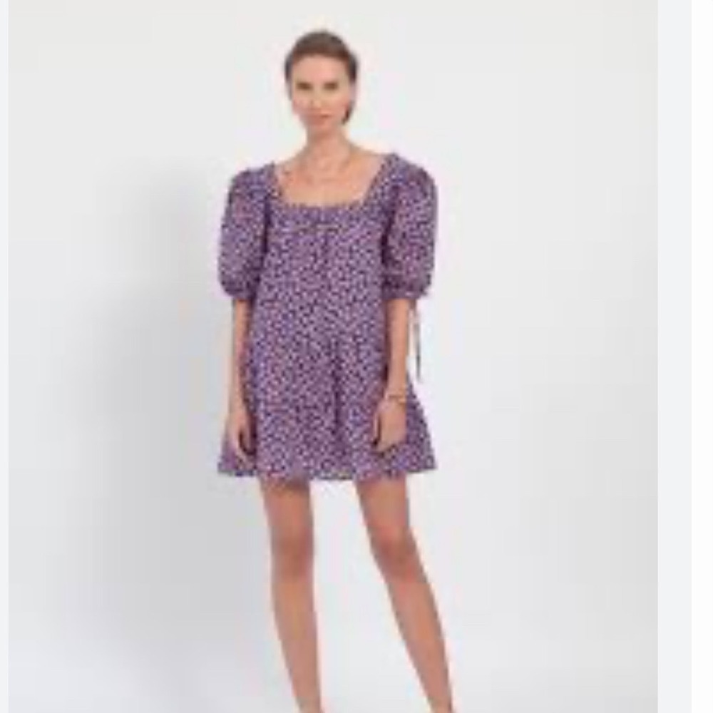 $367 New Katharine Kidd Goldie Dress Navy Pink Floral Puff Sleeve Mini Dress S M